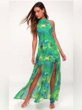 Lulu's Green Tropical Halter Maxi Dress